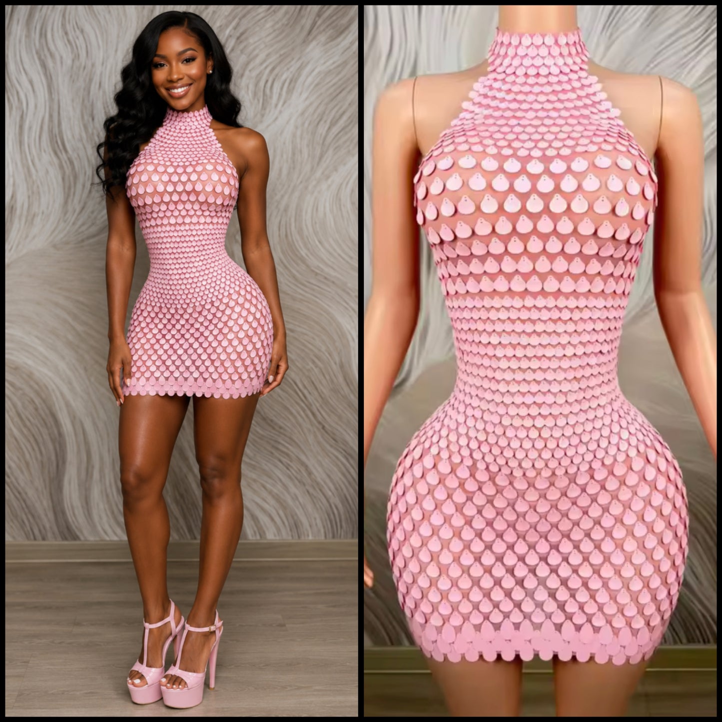 Pink Sexy Halter Sleeveless Sequins Short Dress