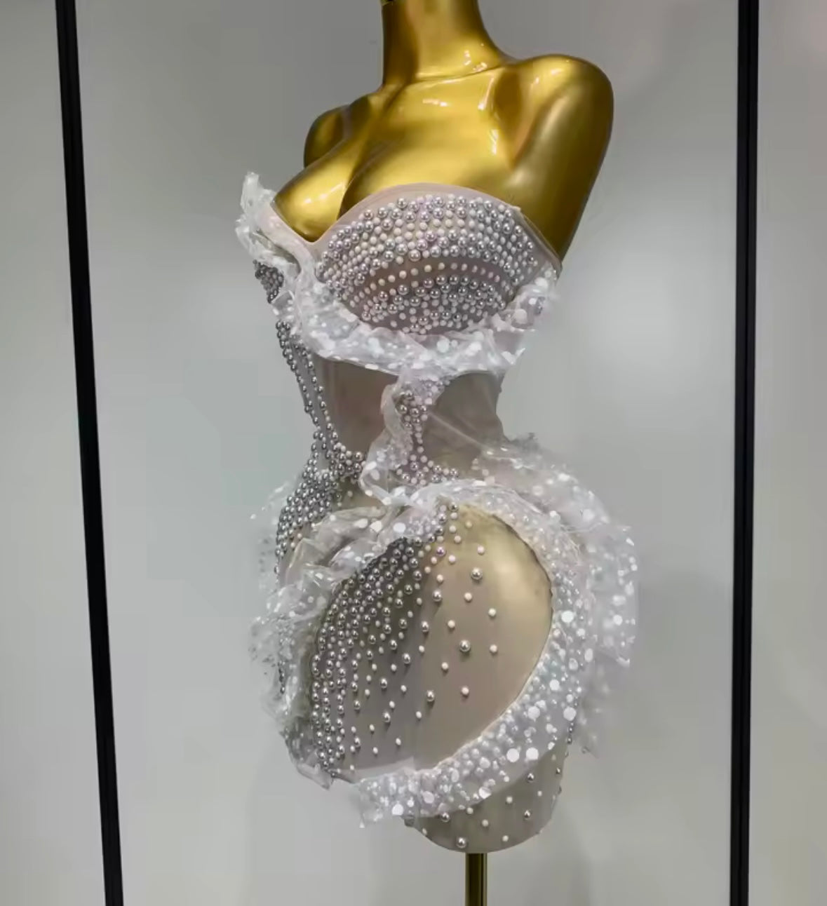 White Strapless Sexy Pearl Ruffle See Through Dress