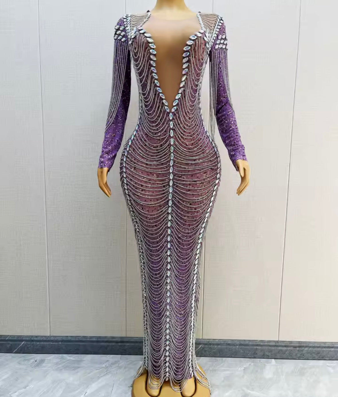 Sexy Purple Rhinestone Chain Full Sleeve Maxi Dress