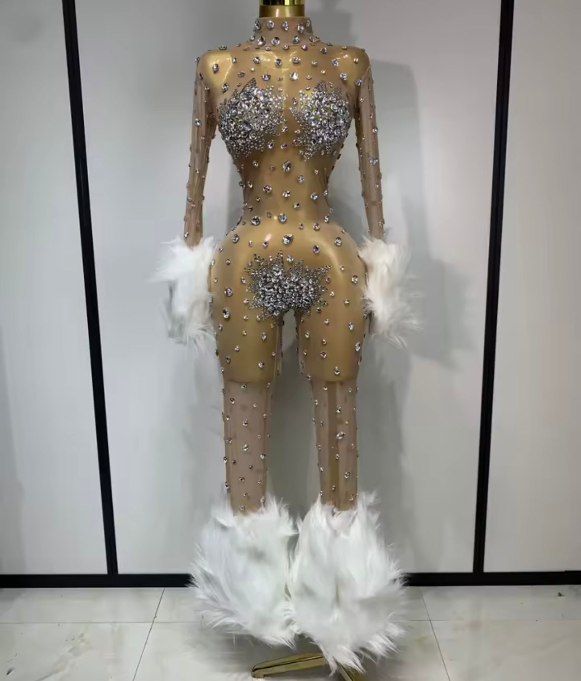 Rhinestone Feather Full Sleeve Sexy Mesh Jumpsuit