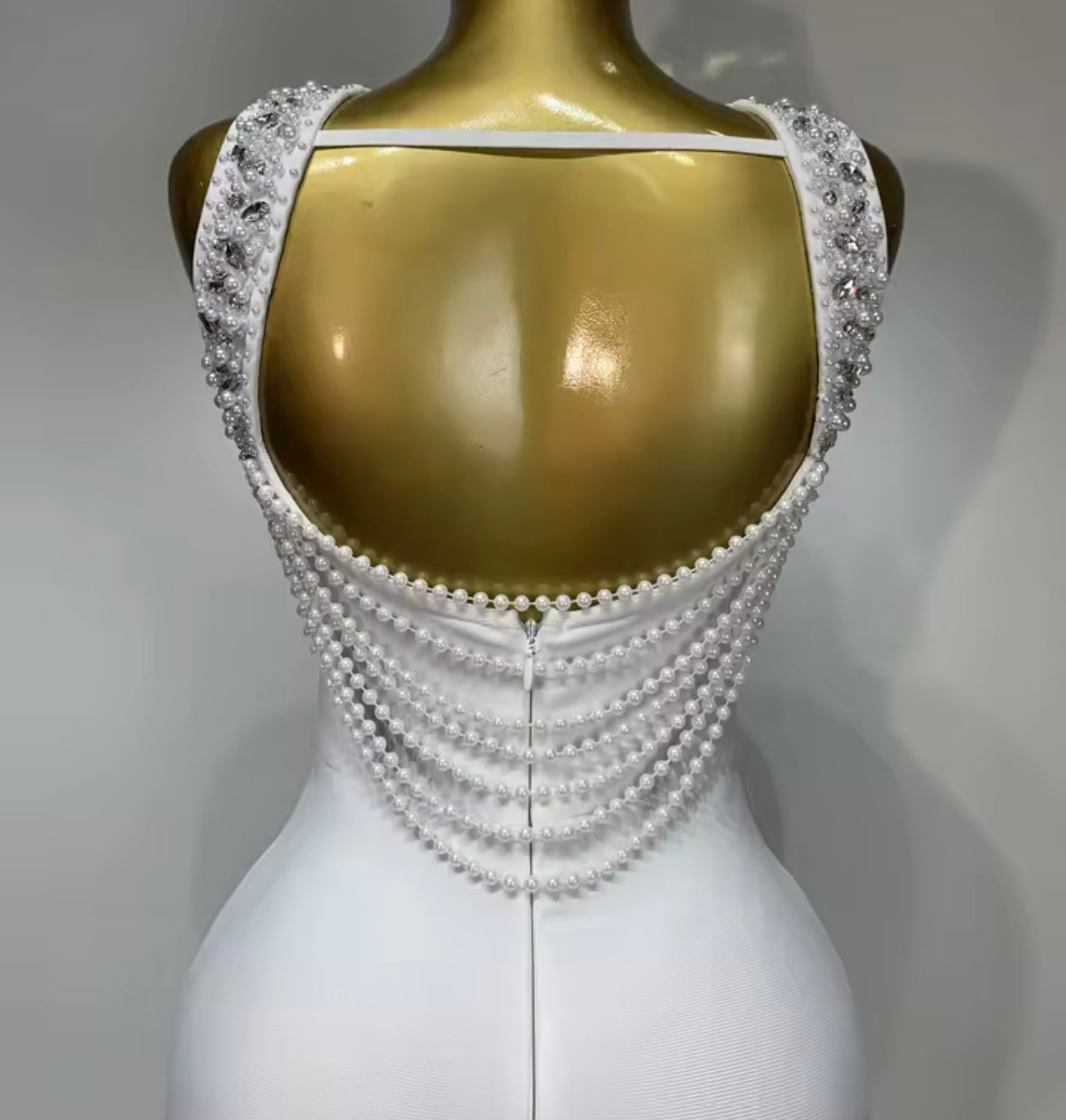 Sexy Sleeveless Rhinestone Pearl Open Back Maxi Dress