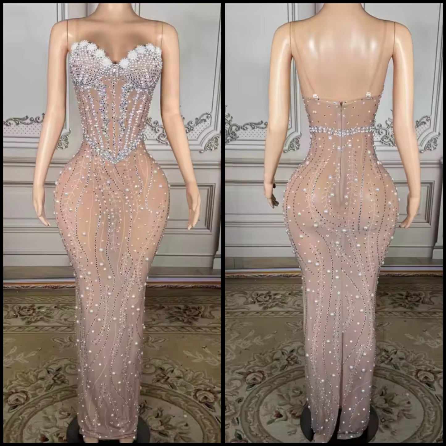 Sexy Sleeveless Beaded Rhinestone See Through Maxi Dress