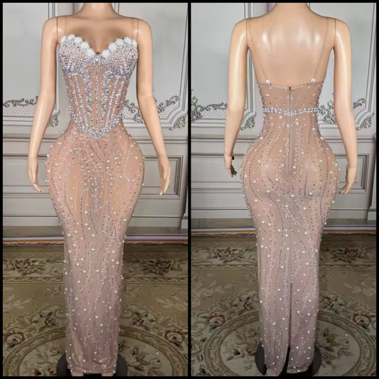 Sexy Sleeveless Beaded Rhinestone See Through Maxi Dress