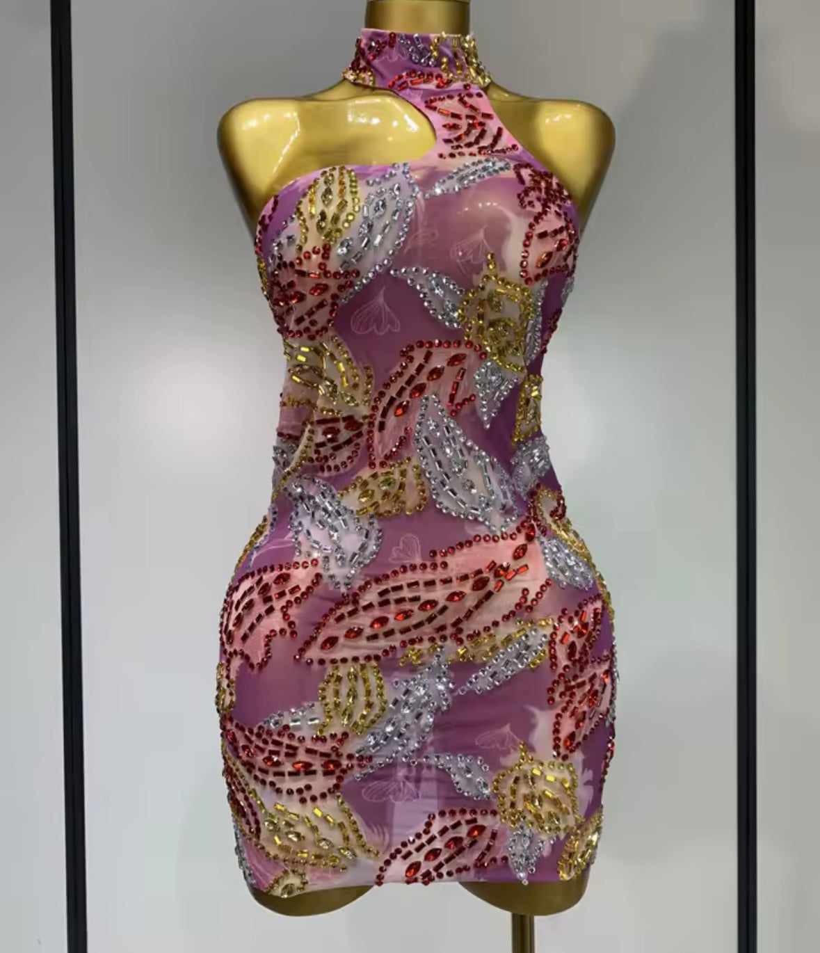 Multicolored Rhinestone Halter Sleeveless Dress