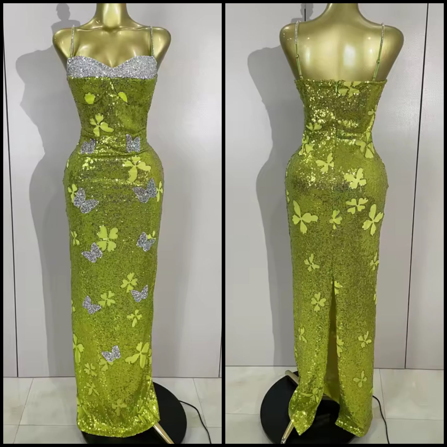 Sexy Sleeveless Green Sequins Butterfly Maxi Dress