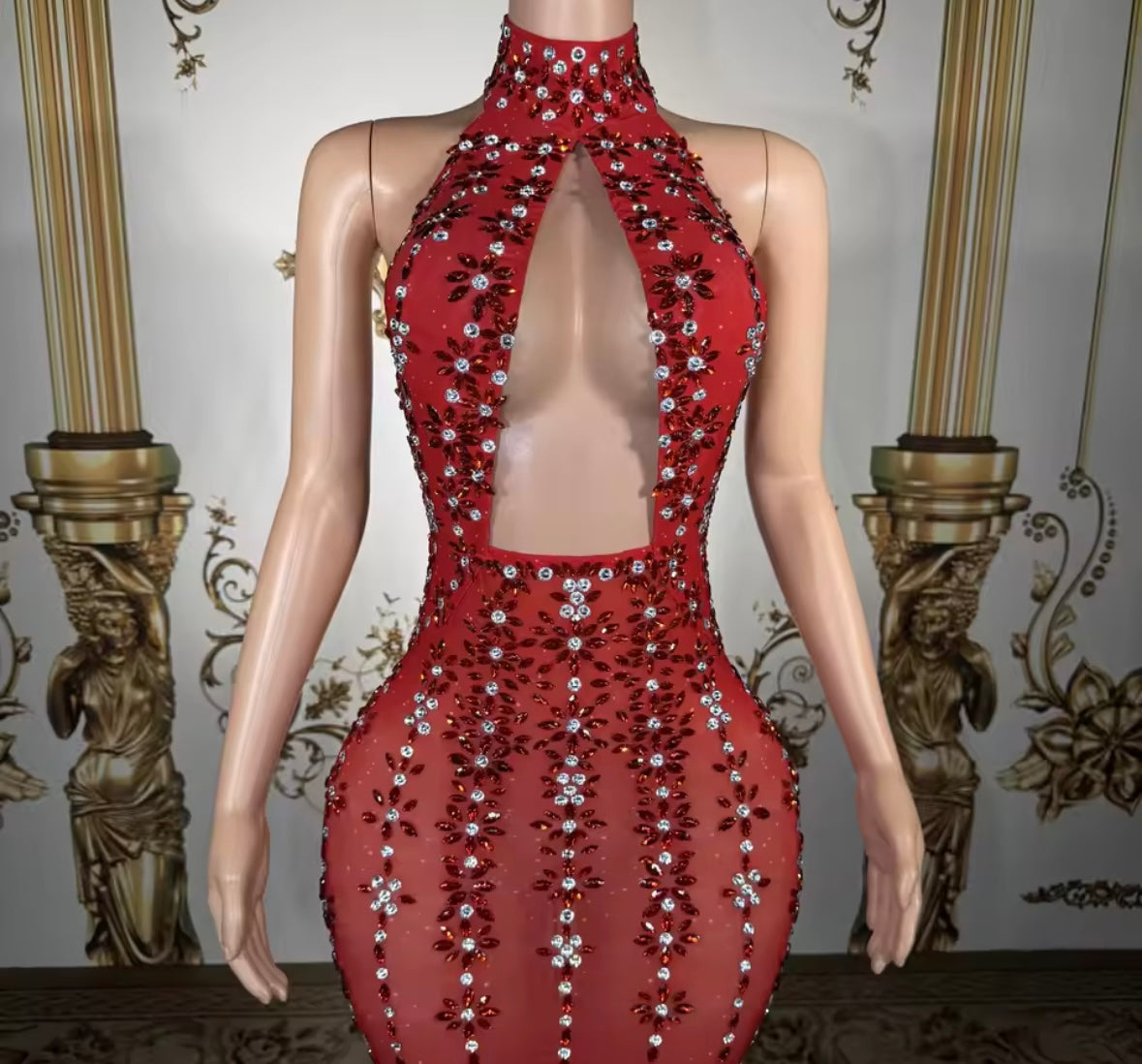 Red Sexy Halter Sleeveless Floral Rhinestone Maxi Dress