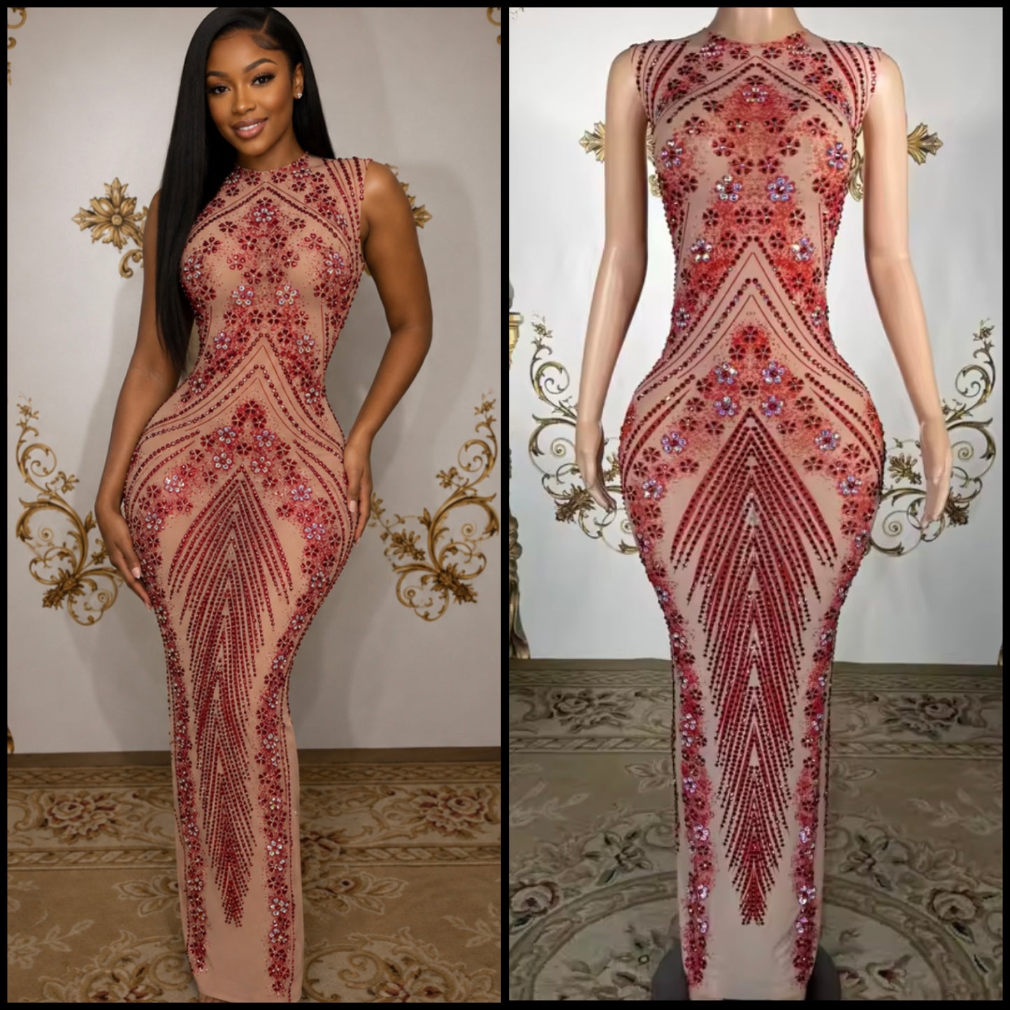 Sexy Sleeveless Floral Rhinestone Embellishment Maxi Dress