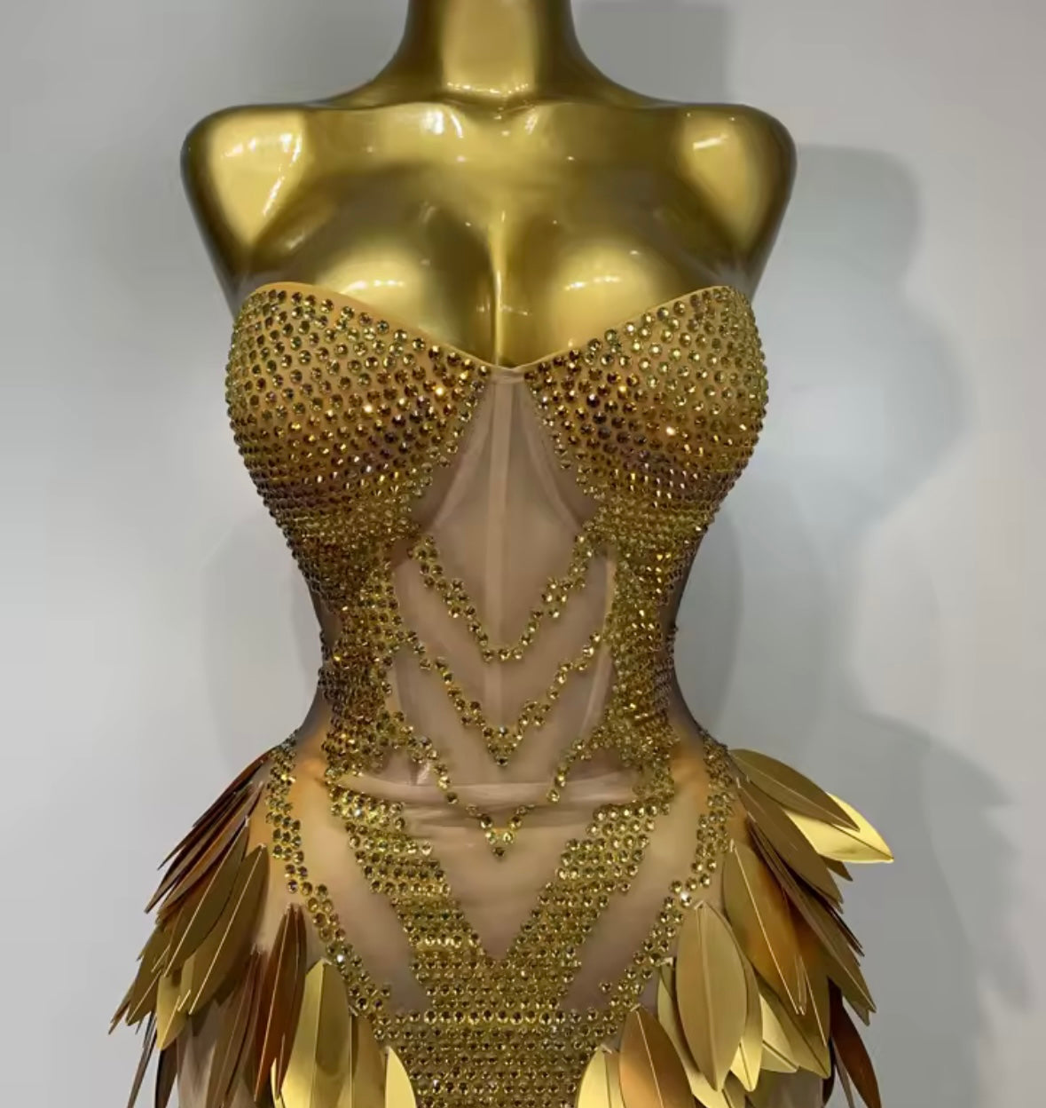 Gold Sexy Strapless Rhinestone Sequins See Through Maxi Dress