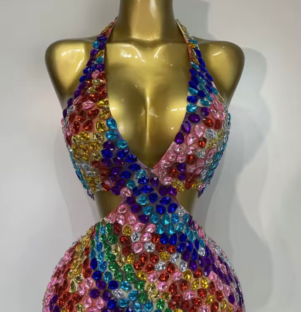 Sexy Halter Sleeveless Multicolored Rhinestone Dress