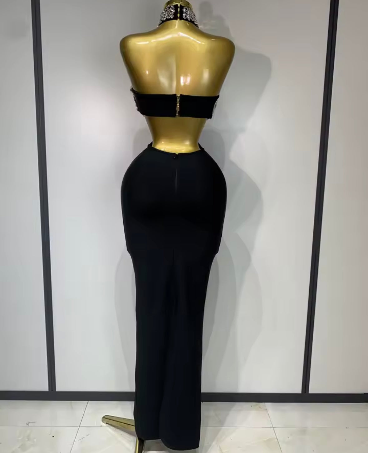 Elegant Halter Sleeveless Rhinestone Hollow Out Maxi Dress