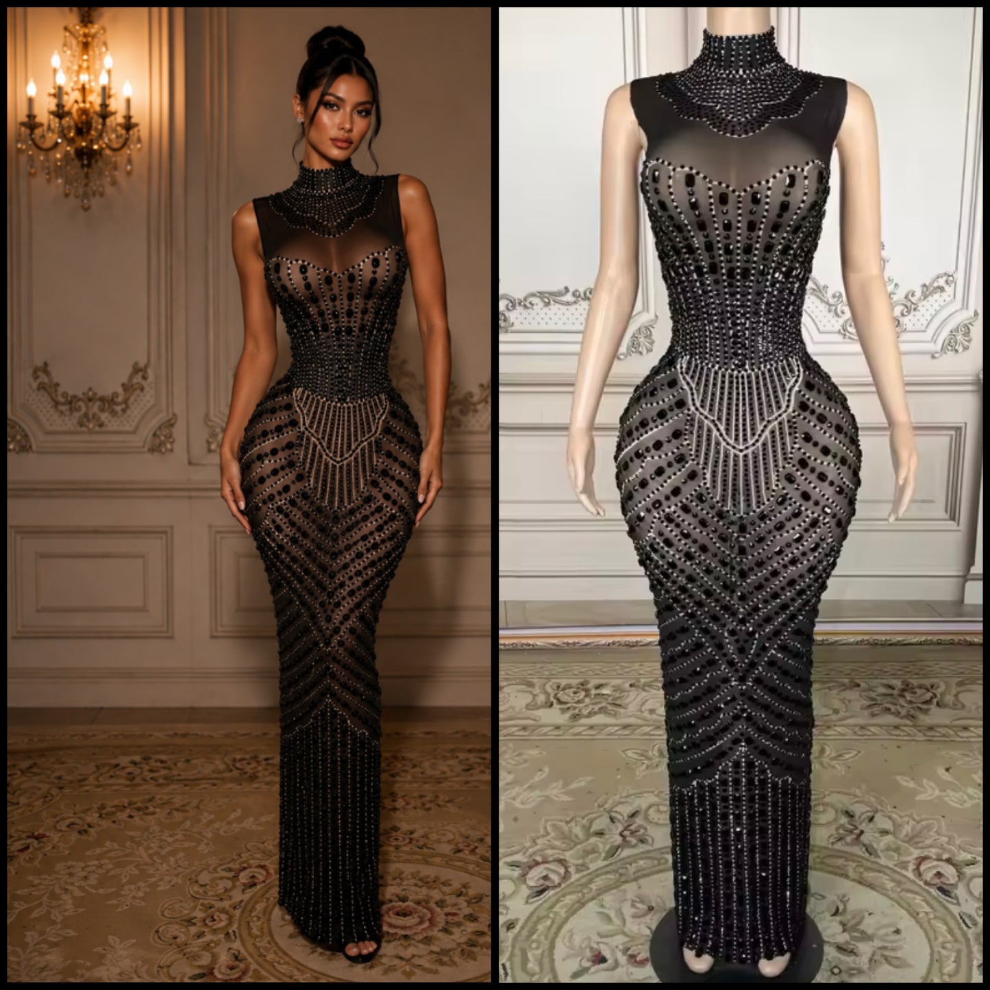 Sexy Sleeveless Black Rhinestone Embellishment Maxi Dress