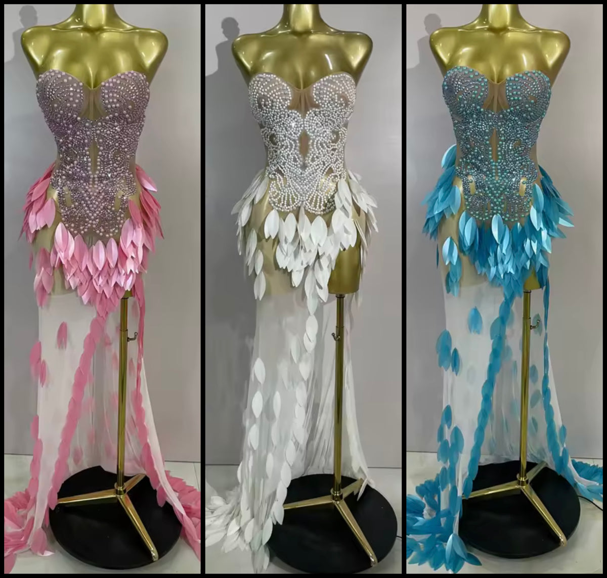 Sexy Sequins Pearl Rhinestone Strapless Side Split Maxi Dress