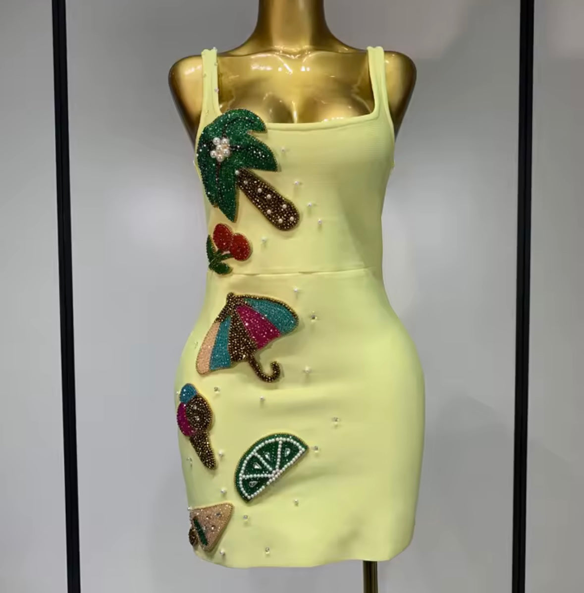Yellow Sexy Sleeveless Beaded Rhinestone Dress