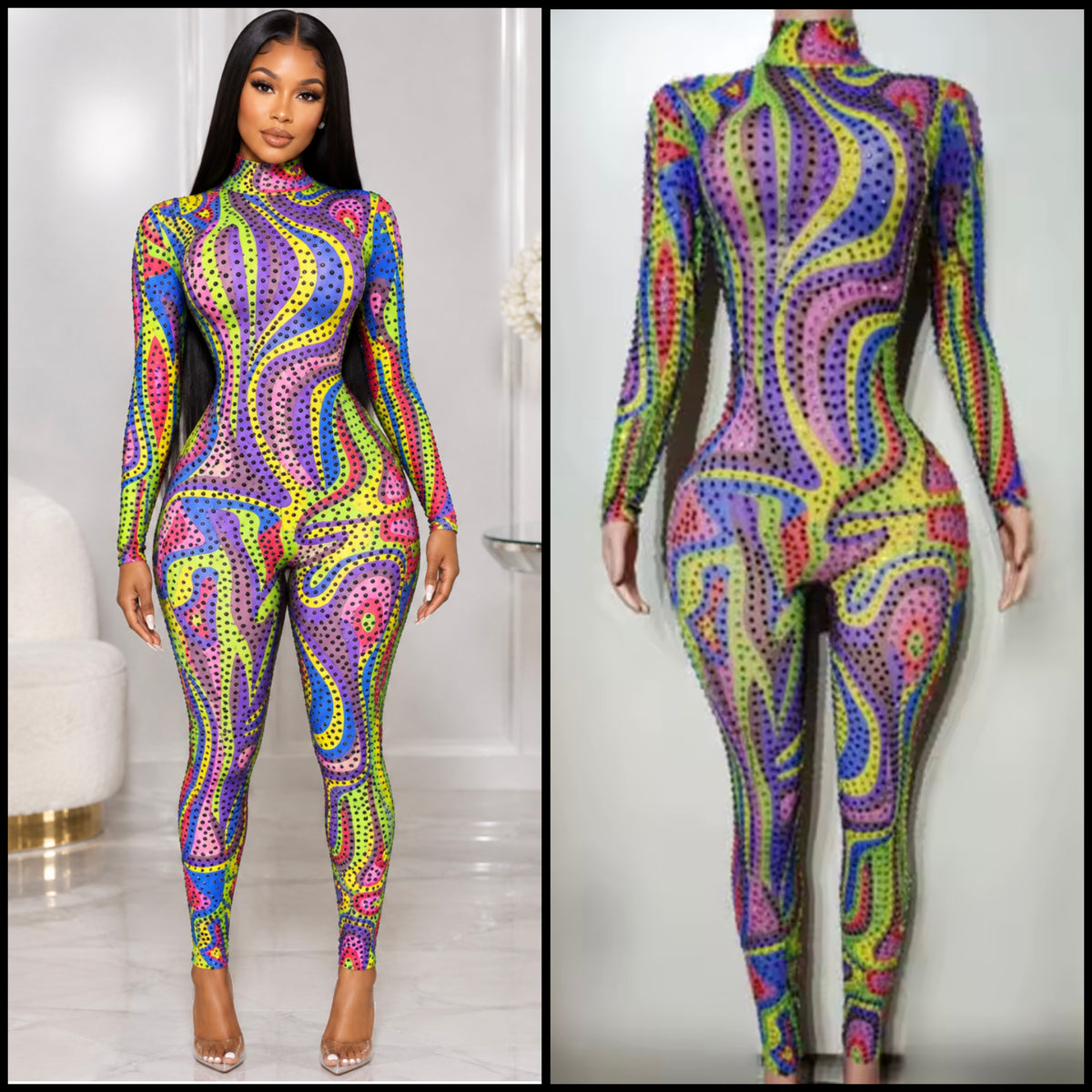 Sexy Multicolored Rhinestone Full Sleeve Jumpsuit