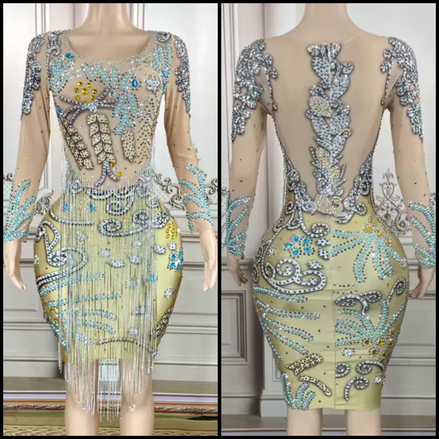 Sexy Rhinestone Embellishment Tassel Full Sleeve Dress