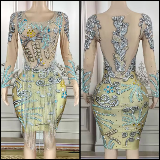 Sexy Rhinestone Embellishment Tassel Full Sleeve Dress