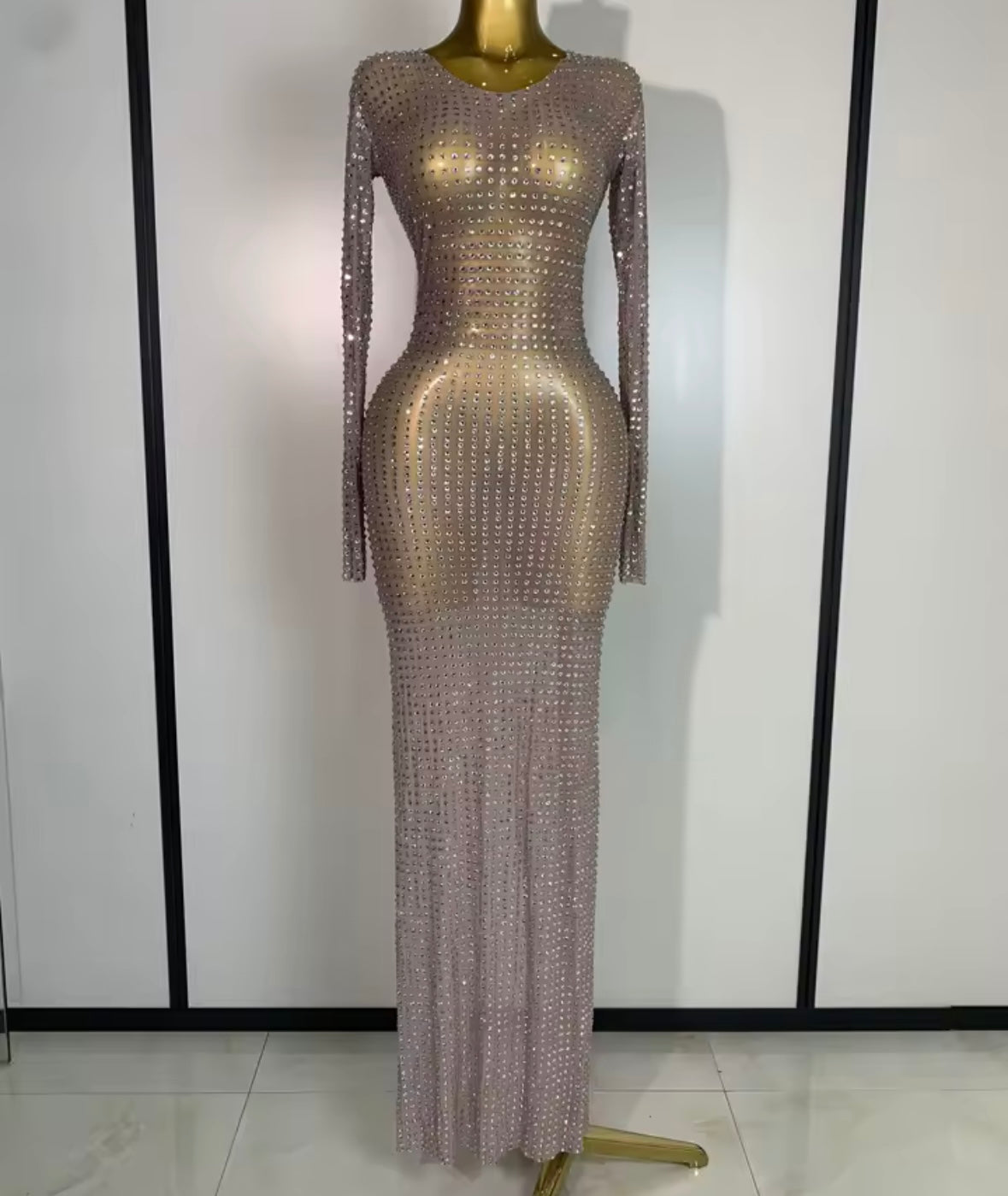 Sexy See Through Full Sleeve Rhinestone Floor-Length Dress