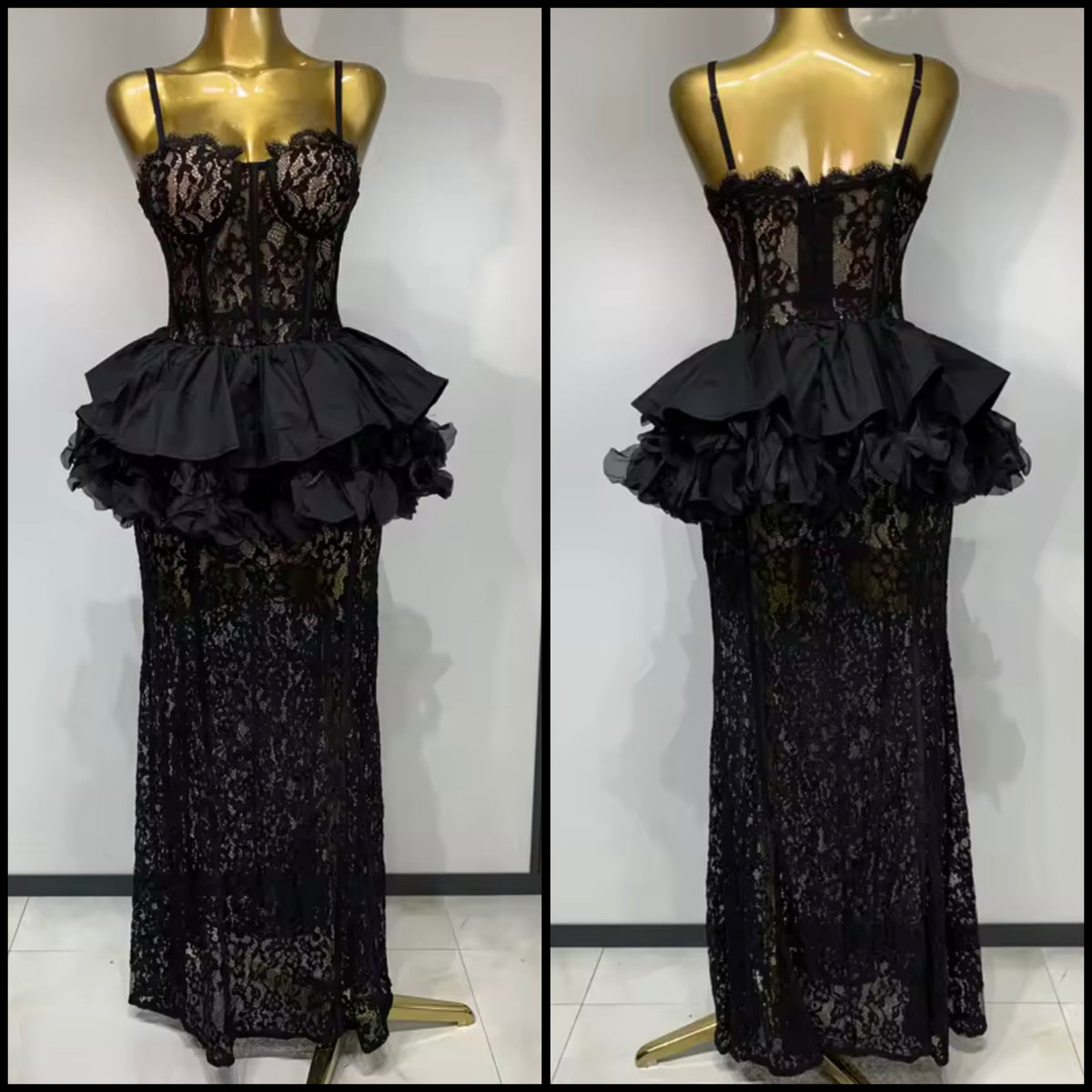 Sexy Sleeveless Black Ruffle Lace Maxi Dress
