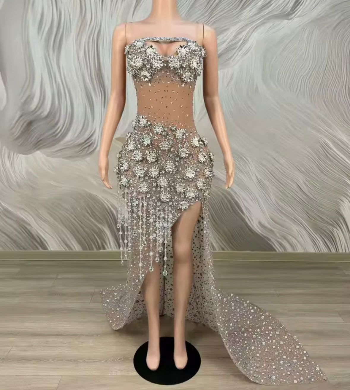 Sleeveless Crystal Rhinestone Tassel Side Split Maxi Dress