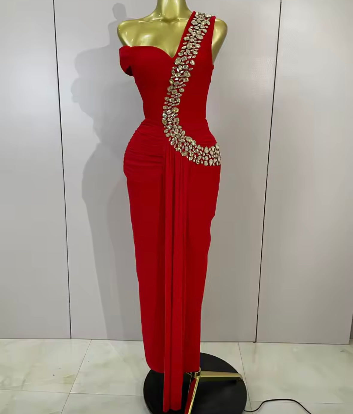Elegant Rhinestone One Shoulder Maxi Dress