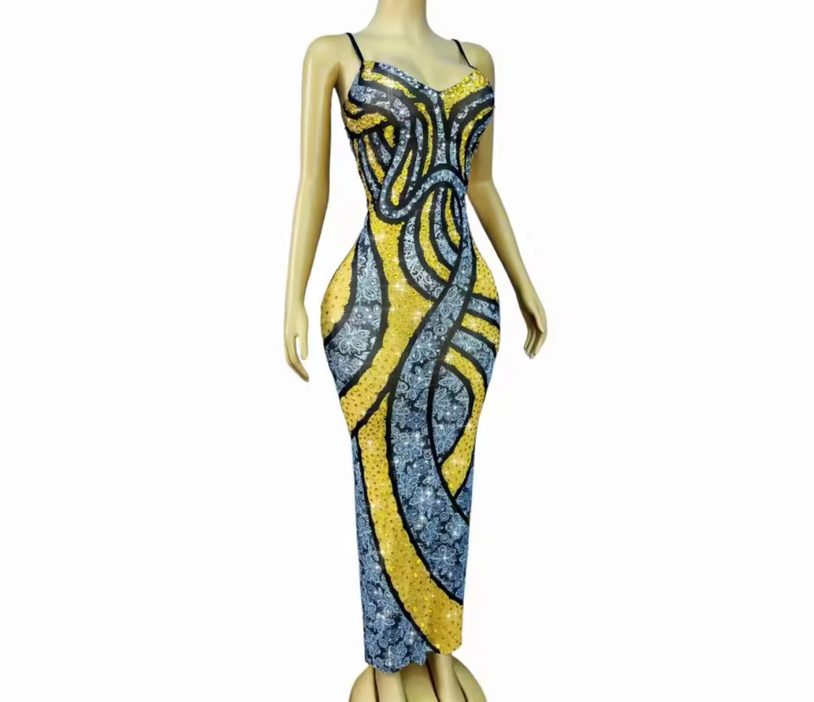 Sparkly Rhinestone Sleeveless Printed Maxi Dress