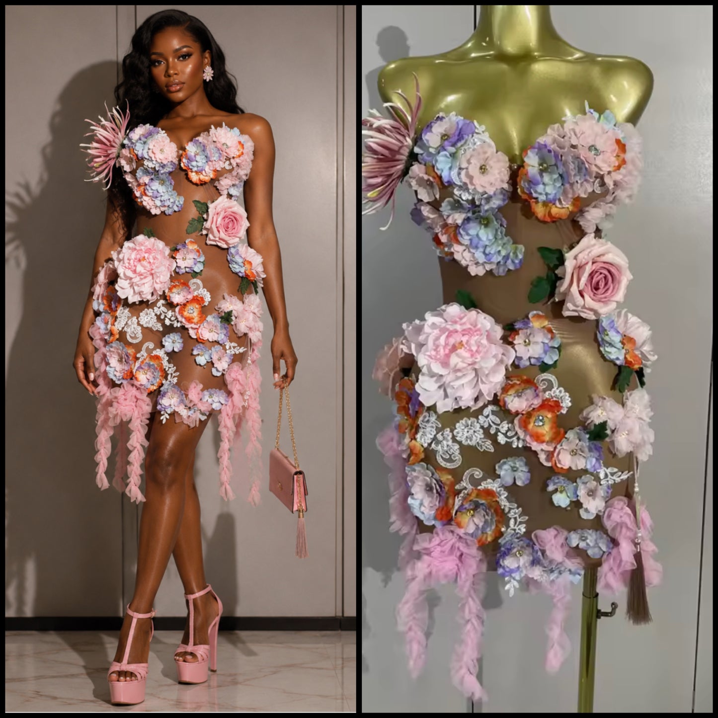 Sexy Strapless Floral See Through Dress