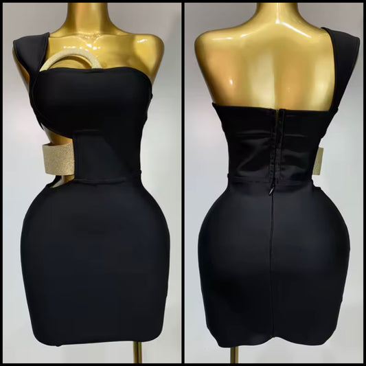 Black One Shoulder Sleeveless Sexy Hollow Out Short Dress