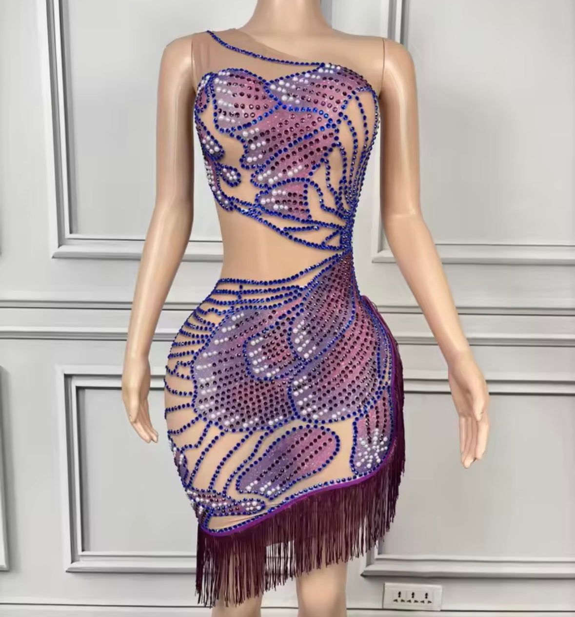 Sexy One Shoulder Sleeveless Rhinestone Fringe Tassel Dress