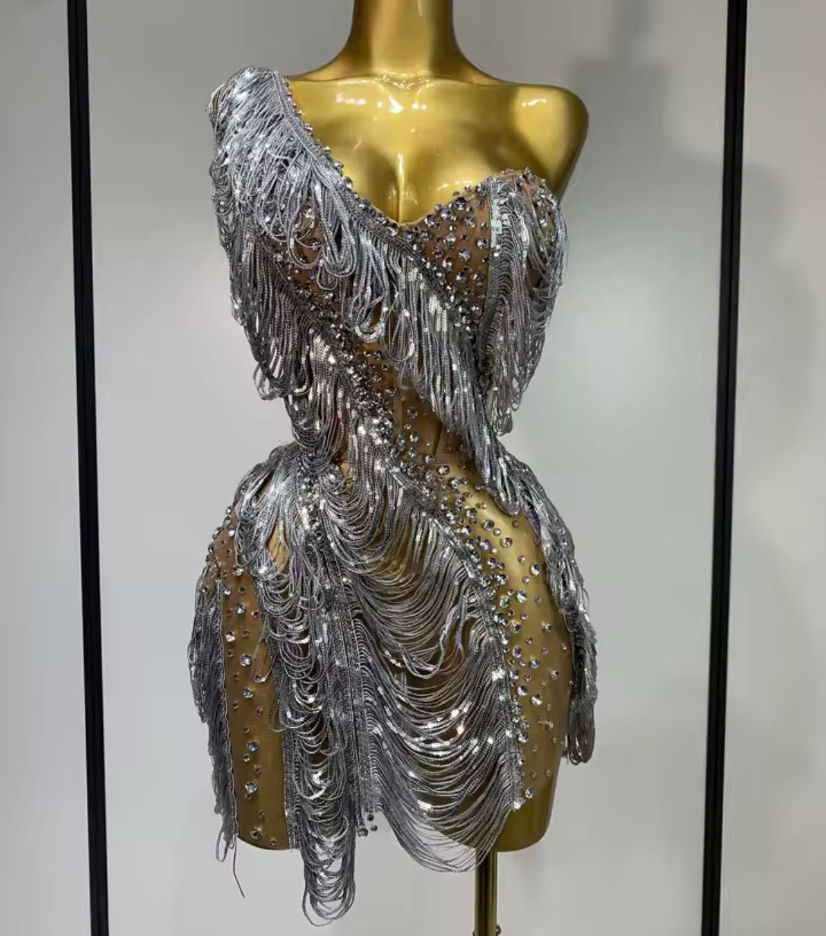 Sexy Silver One Shoulder Chain Rhinestone Dress