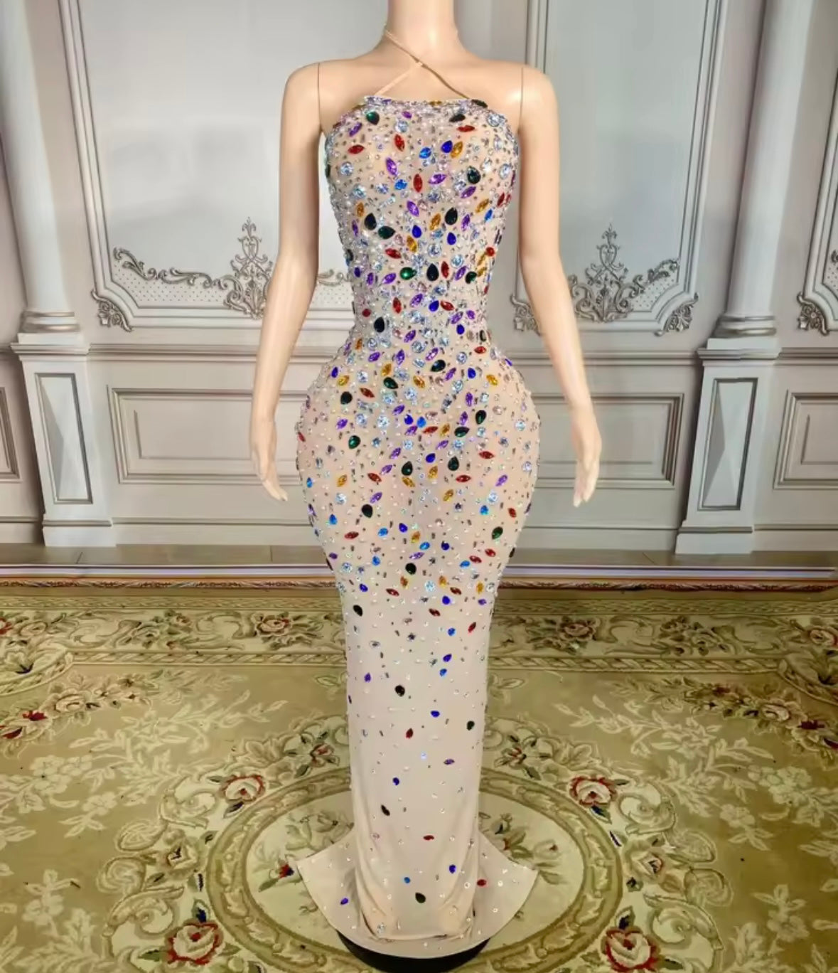 Sexy Halter Sleeveless Open Back Multicolored Rhinestone Dress