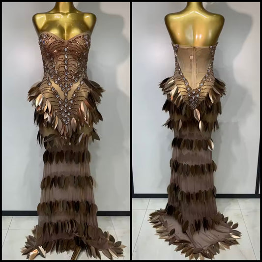Elegant Brown Rhinestone Strapless Floor-Length Dress