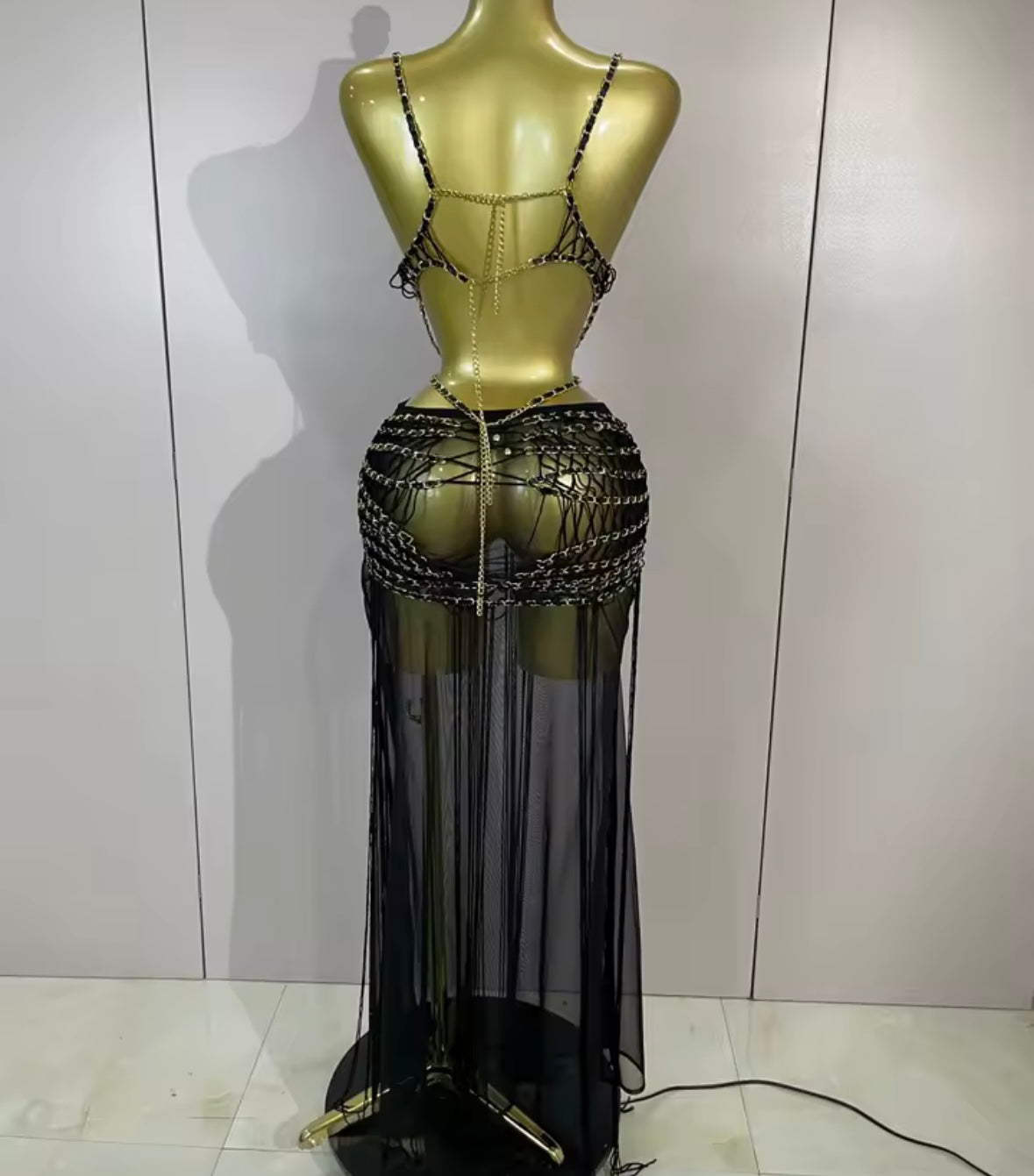 Women Black Sleeveless Chain Open Back Sexy Maxi Dress