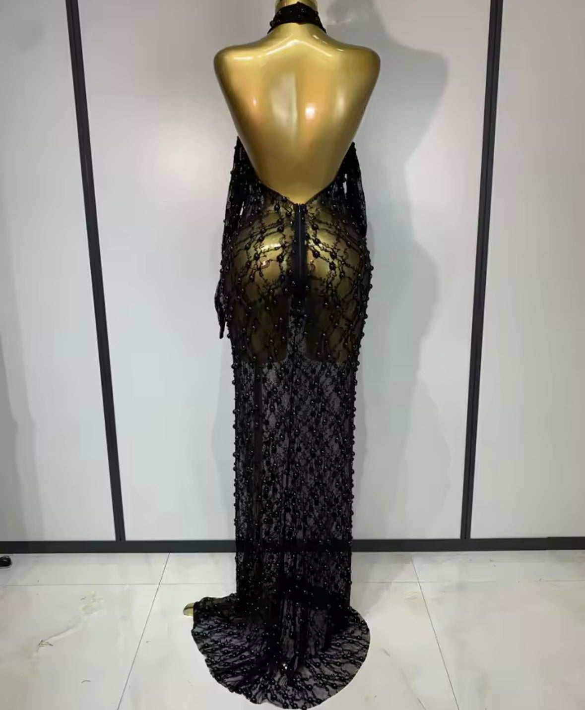Sexy Black Halter Sleeveless See Through Beaded Maxi Dress