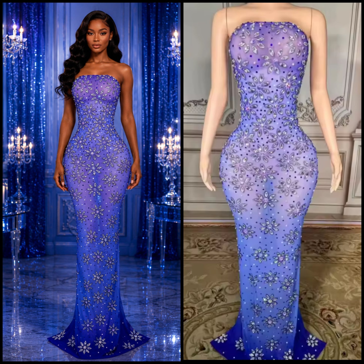 Blue Sexy Strapless Floral Rhinestone Maxi Dress