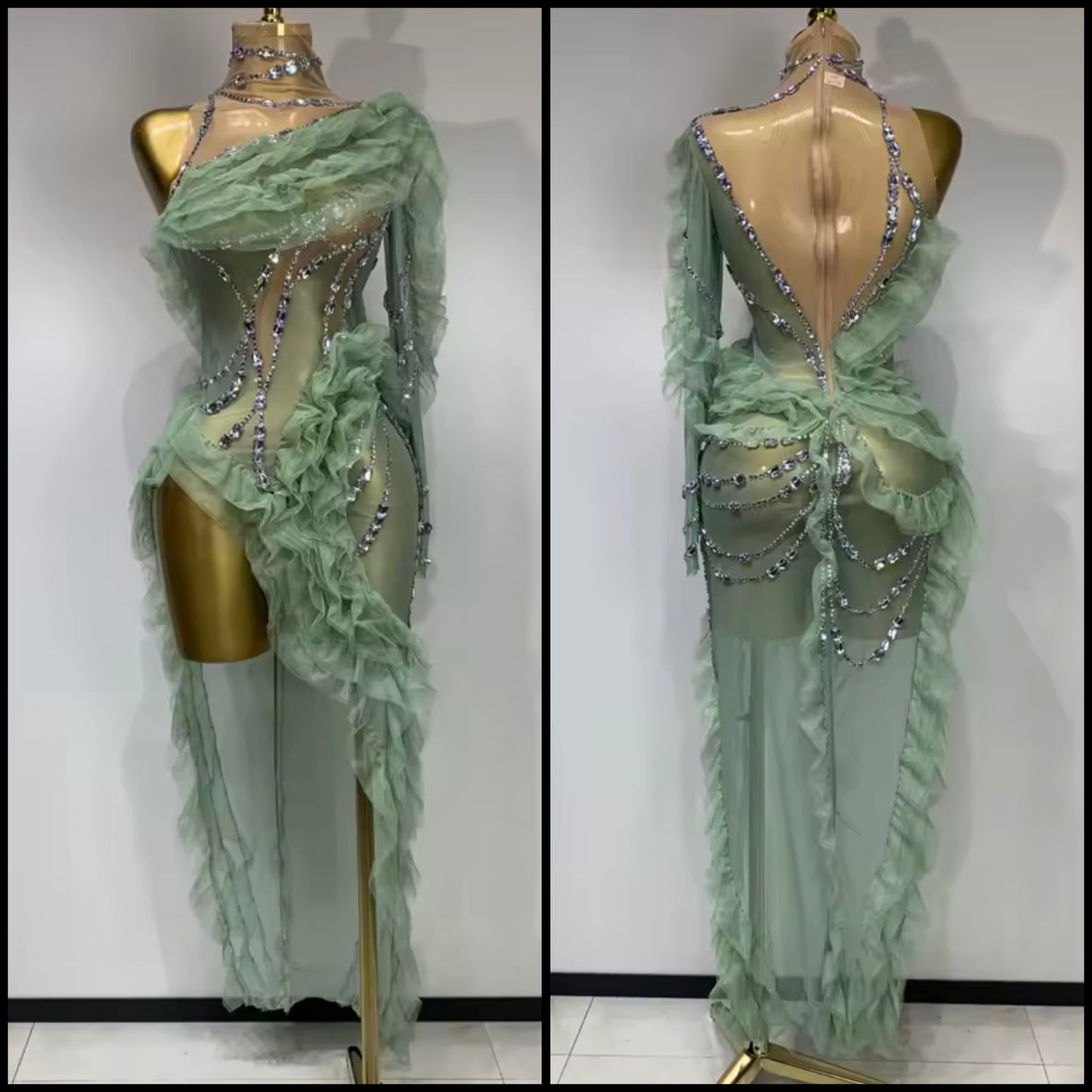 Sexy Green One Shoulder Ruffled Rhinestone See Through Dress