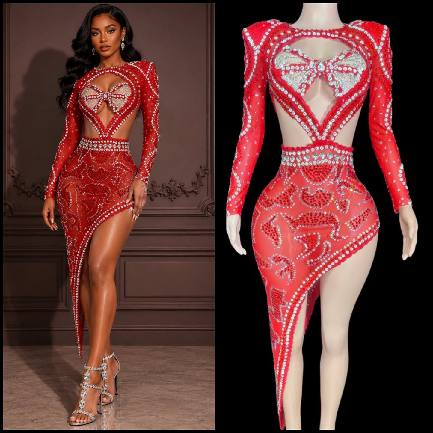 Sexy Red Rhinestone Hollow Out Full Sleeve Asymmetrical Dress