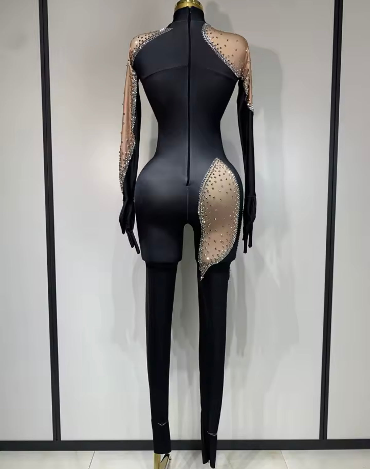 Sexy Black Rhinestone Mesh Full Sleeve Jumpsuit