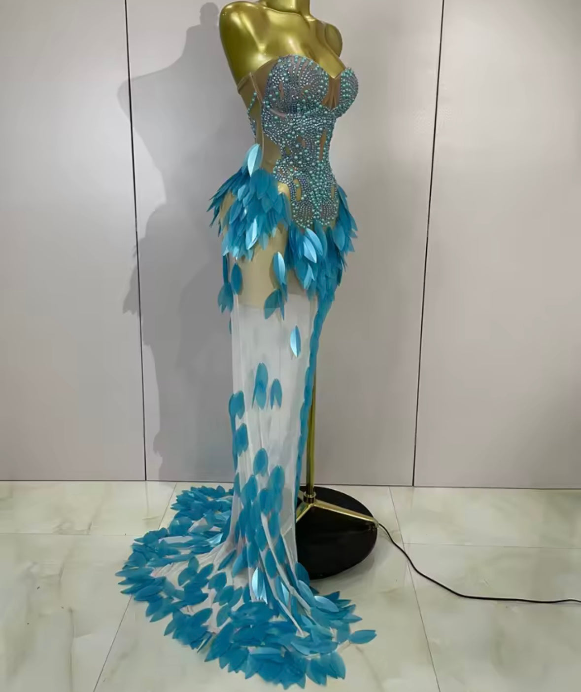 Sexy Sequins Pearl Rhinestone Strapless Side Split Maxi Dress