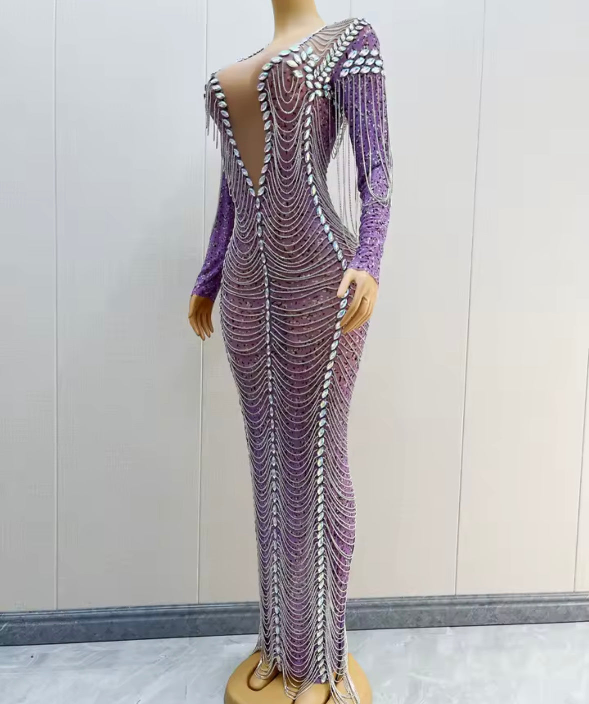 Sexy Purple Rhinestone Chain Full Sleeve Maxi Dress