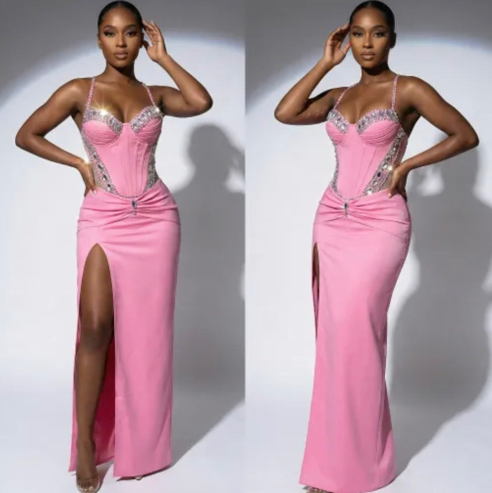 Elegant Sleeveless Rhinestone Side Split Maxi Dress