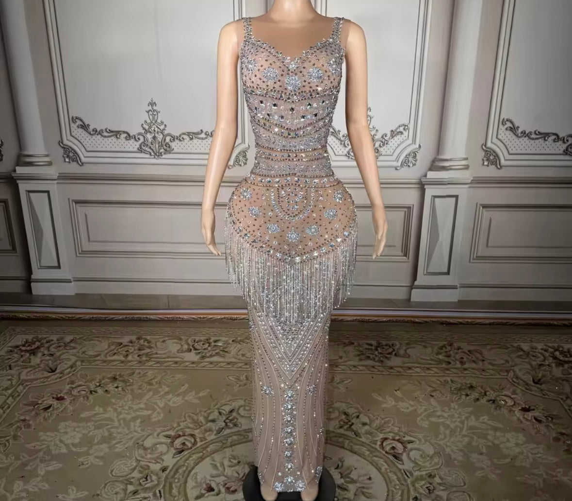 Sexy Sleeveless Rhinestone Tassel Floor-Length Dress