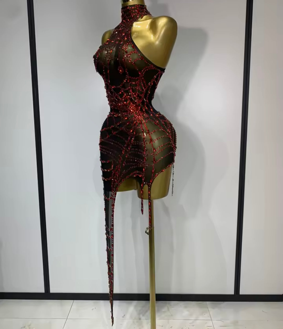 Sexy Rhinestone Mesh Sleeveless Asymmetrical Dress