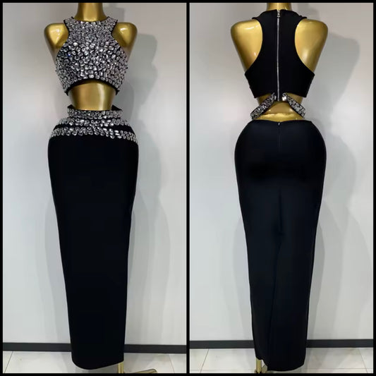 Sexy Black Sleeveless Rhinestone Floor-Length Skirt Set