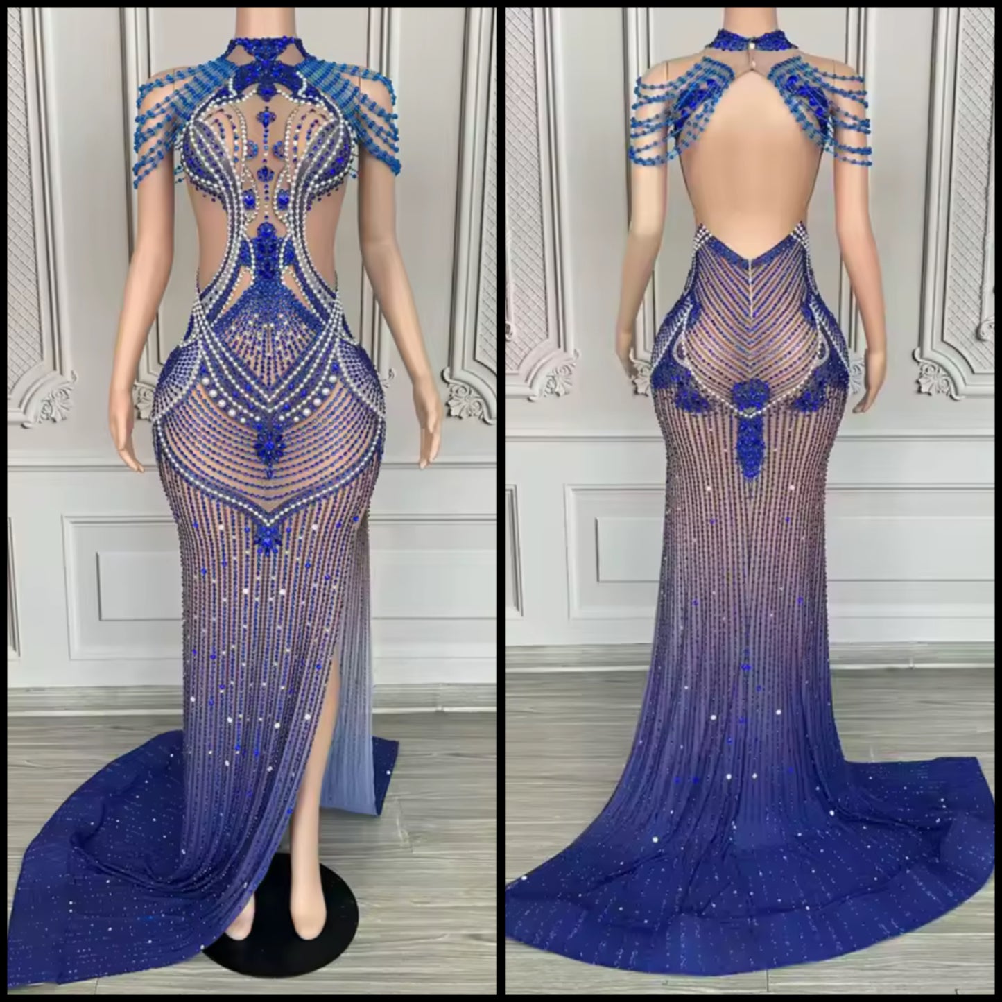 Pearl Rhinestone Embellishment Blue Sexy Floor-Length Dress
