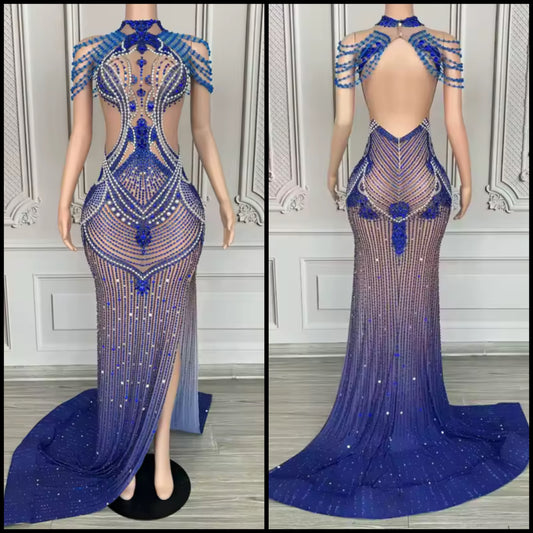 Pearl Rhinestone Embellishment Blue Sexy Floor-Length Dress