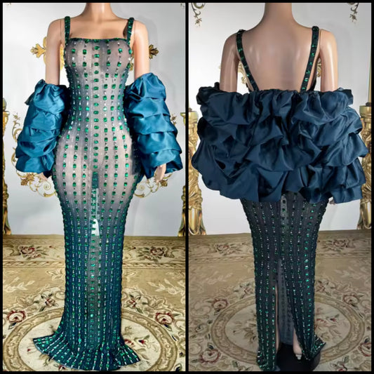 Green Sexy Sleeveless Rhinestone See Through Maxi Dress