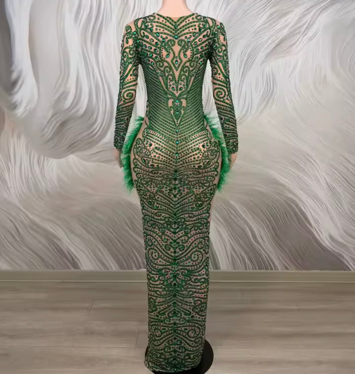 Sexy Green Feather Rhinestone Embellishment Maxi Dress