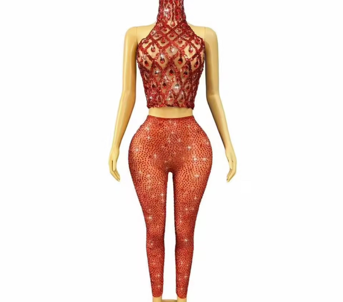 Sexy Halter Sleeveless Crystal See Through Pant Set