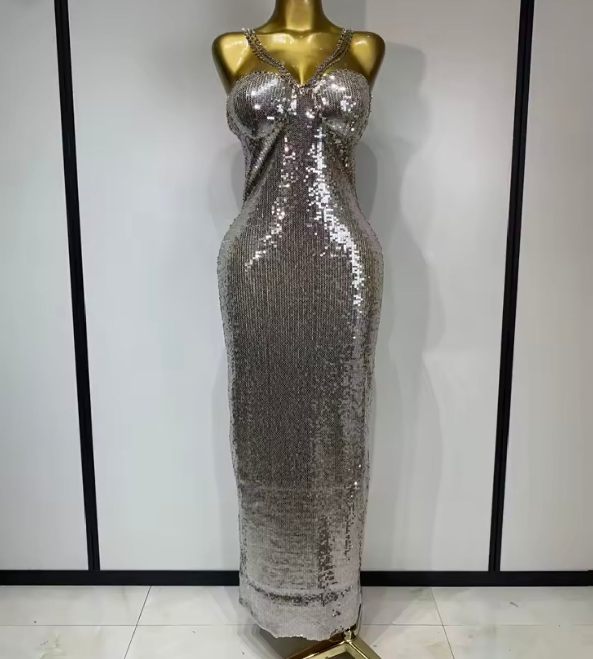 Sexy Rhinestone Halter Sleeveless Sequins Maxi Dress