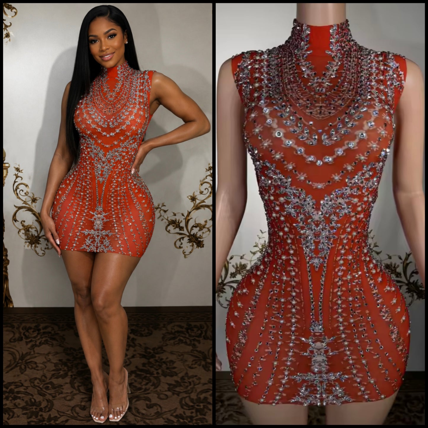 Red Sexy Sleeveless Rhinestone Embellishment Dress